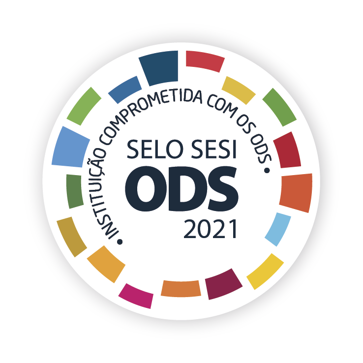 Imagem de selo institucional. Possui formato circular, com pequenos retângulos coloridos de tamanhos variados formando um círculo. Ao centro, o texto: instituição comprometida com os ODS. Selo Sesi ODS 2021