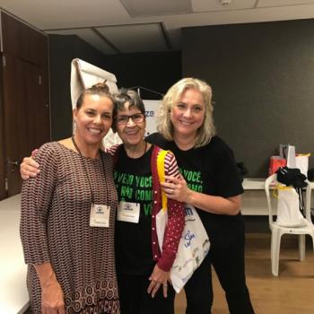 Trs professoras em p, sorrindo para a foto.  esquerda, a professora Maria Ceclia L. de Toledo encosta levemente a cabea na professora Nincia, que inclina levemente a cabea para a esquerda.  direita de Nincia, a professora Lilian a segura pelo brao usando a mo direita e estende por trs das duas o brao esquerdo, num grande abrao. Maria Cecilia est de cabelos pretos e blusa em tons de marrom de manga at o cotovelo. Nincia tem cabelos curtos pretos, usa culos de grau e est com camiseta preta com dizeres em verde 